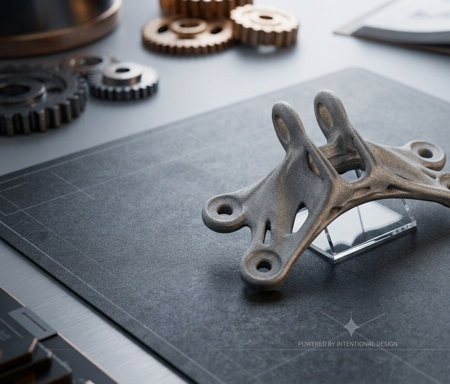 Metal 3D printed bracket component on a print bed, produced with Bound Metal Deposition